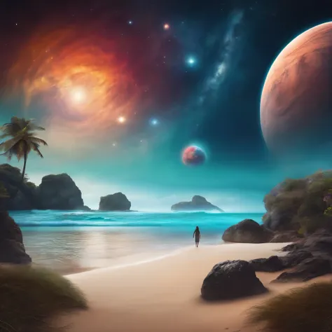 Fantasy beach landscape with a couple of colourful planets