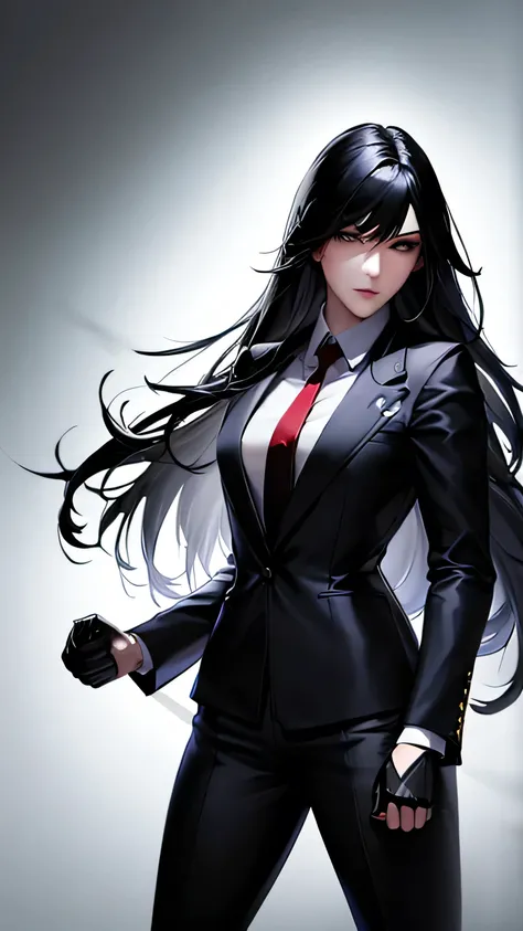 1 girl, 23 years old, long black hair, handsome face, business suit, red tie,long black pants, black leather gloves, boxing stance, punching,high quality, masterpiece