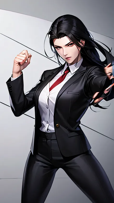 1 girl, 23 years old, long black hair, handsome face, business suit, red tie,long black pants, black leather gloves, boxing stan...