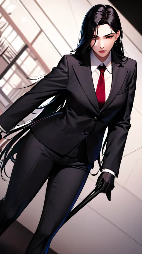 1 girl, 23 years old, long black hair, handsome face, business suit, red tie,long black pants, black leather gloves, boxing stance, punching,high quality, masterpiece