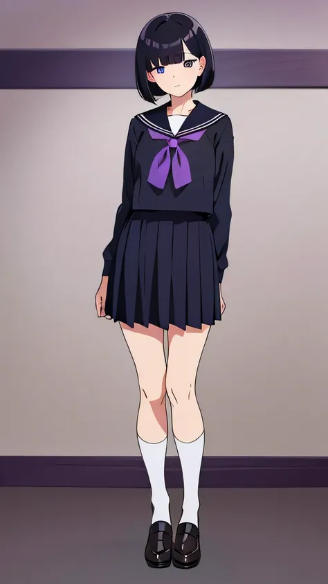 Black hair, short bob (with bangs), mole under left eye, eye color (purple), full body, sailor uniform