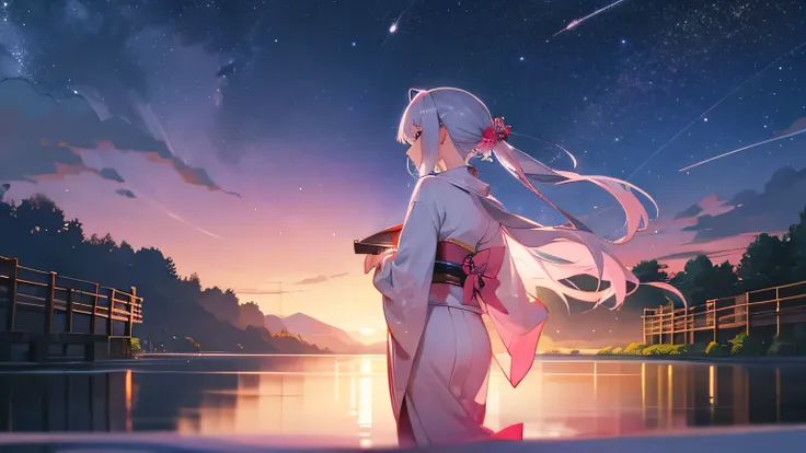 summer night, kimono, pink silver hair, japanese girl, back view, milkey way, stars