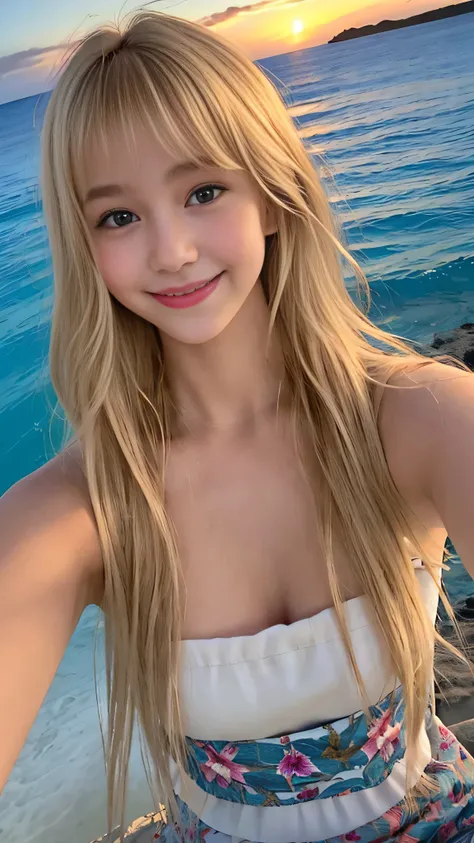 Selfie from diagonally above、Masterpiece（Close-up shot 1.5）、looking at the camera、Mid-chest、(Tanned 1.6)、19 years old、Blonde、With bangs、Loose and fluffy hair 、Cute smile、Lifesaver、Hawaii、sunset