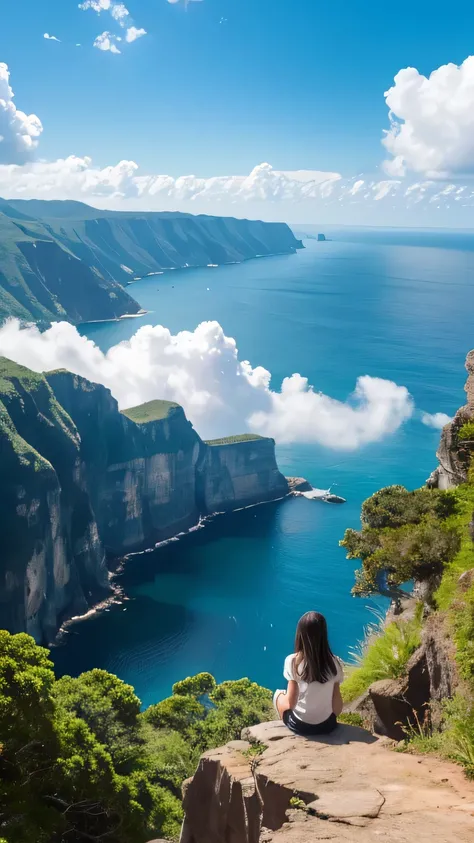 青く澄んだ空と巨大な白い積乱雲が広がるultra-realisticな背景の中、A girl sits on the edge of a high cliff、Gazing into the distance。On the cliff there is a tree and a small house、The photo depicts people enjoying a relaxing time in nature.。Below, the calm sea spreads out、Some boats ...