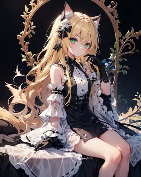 (Sketches),(eyelash:1.3),(Black background:1.2),watching me , High Resolution, Cute 1Girl, neko ears, cat tail, Beautiful and fine details, Long blonde hair, vibrant and vivid green eyes, Original Costume、Princess Dress, Side shot high contrast girl, Sitti...