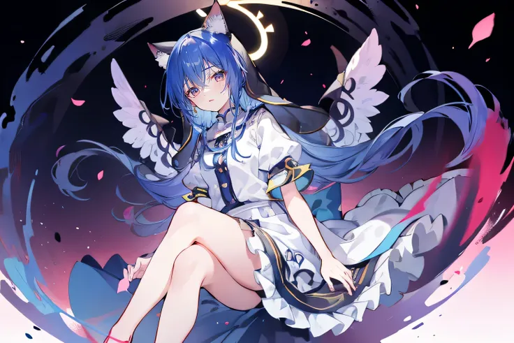 (masterpiece:1.2),Extremely detailed,Practical,expressive eyes,Fair skin,Perfect face shaping,1 Girl,
Japanese cartoons,Gorgeous blue hair, the long flowing blue hair,Floating clothes,Cat ears,Petals fall,beautiful lola,Young Angel,
Place your hands on you...