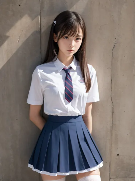 Woman in skirt and white shirt posing, hyper現実的なhigh school girl, a hyper現実的なhigh school girl, 現実的なhigh school girl, Knee socks and skirt, ポーズをとるhigh school girl, Leaning against a wall, Leaning against a wall, inspired by Balthus, clothing , In the old ho...