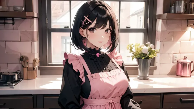 A beautiful woman wearing a pink apron dress with lots of frills and lace　Long sleeve　Black bob with hair ornament　Upper Body　lipstick