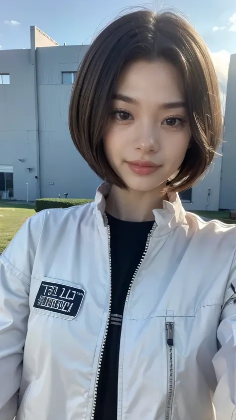 Science Fiction,Sci-Fi Movies,Artillery,Long-Range Missiles,Based on the Movie Foundation ,Woman,Adult,Protagonist,28 years old,hopeful face,brown eyes,short hairstyle,black hair with white gray,scientist uniform,white researcher coat,open meadow,rebel,cha...