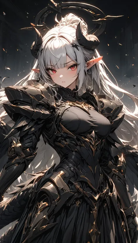 masterpiece, Highest quality, Super detailed, Super adopted, 8k, Female knight in armor, Black halo above head, The presence of black goat horns on the head, Black dragon tail growing, It has large black bird wings on its back., Gray hair with blunt bangs ...