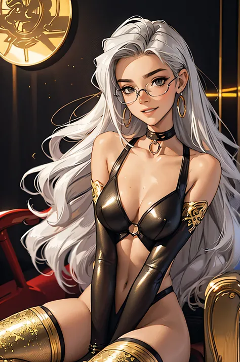 tmasterpiece，（tmasterpiece，top-quality，best qualityer），1girll， jewely，耳Nipple Ring，choker necklace，bangle， hoop earings， circle glasses，sun glasses， Long hair and long meat， Blonde hair，Black color hair，Silvery-white hair，Maroon hair， solo， ssmile， looking...