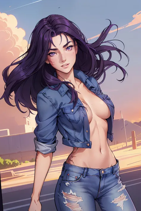 (masterpiece),(best quality), hair over right eye, looking at the viewer, thin body, dynamic poses, (medium breasts:1.3), young girl, 8k,(summer sunny day:1.3), (seductive body details:1.3), long dark purple hair, purple eyes, seductive light smile, shy, (...