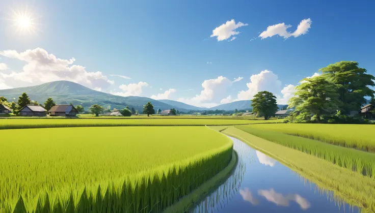 Japanese countryside,Rice Field,Midsummer,Summer sky,sunny,Daytime,Highest quality, 8k, High resolution, masterpiece:1.2, Very detailed, Realistic:1.37, High resolution, 超High resolution, Very detailed, Professional, Vibrant colors