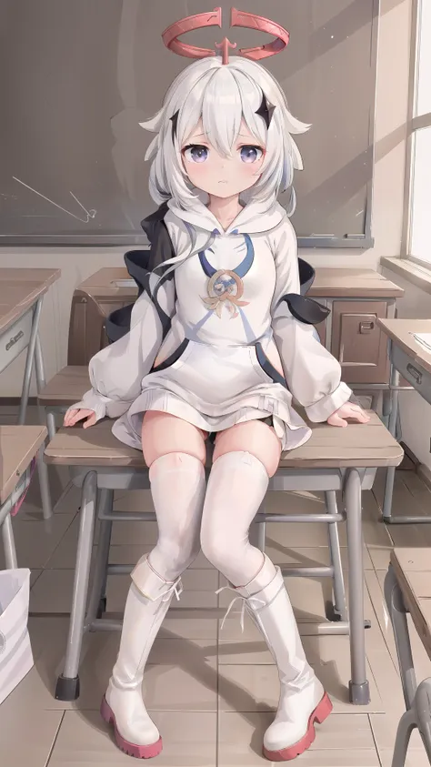 ((paimeng girl))(hoodie:1.3),classroom,, masterpiece, best quality,write leather boots,1girl, 独奏, thighhighs, paimon (genshin im...