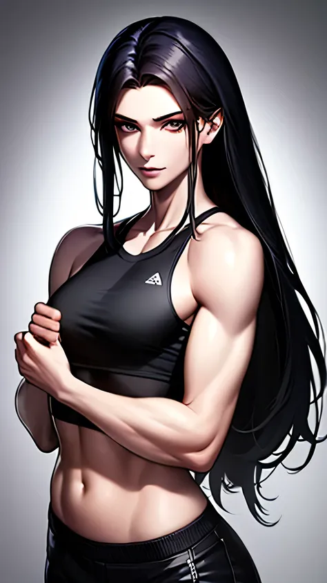 1 girl, 23 years old, long black hair, handsome face, sports bra, toned,muscular,long black pants, boxing gloves, high quality, masterpiece
