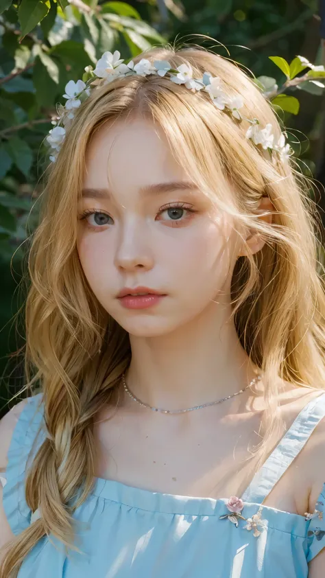 Ultra high resolution, best quality, photo, 4k, (Realistic:1.4), Girl wearing garland on head, long blonde hair