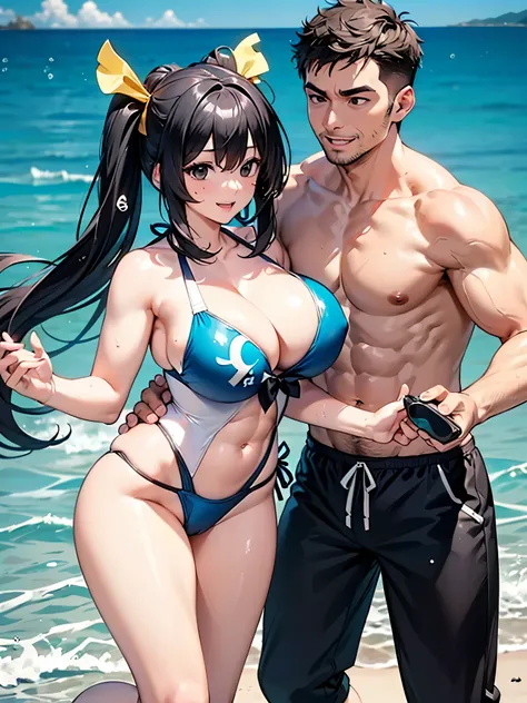 (Man wearing boomerang pants:1.5),((men and women:1.5)),(((A couple wearing swimsuits is playing in the sea:1.8))),((My muscular husband in boomerang pants:1.8)),((Wife showing cleavage with huge breasts:1.5)),(Smiling Beam:1.5), Two people,Highest quality...