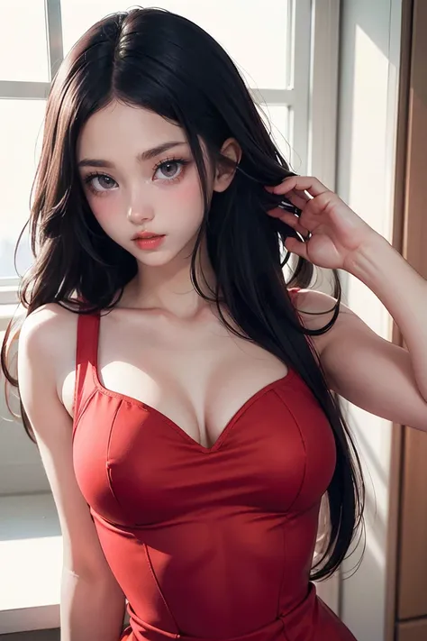 girl, Black Hair, (1980s Style), ((Red sleeveless tight dress)), Big Breasts,Long Hair, (NSFW:1.0),Tall Supermodels、Long-legged supermodel、supermodel,((Highest quality、Best image quality、Ultra-high resolution、Drawing with Ultra-high resolution、Very beautif...