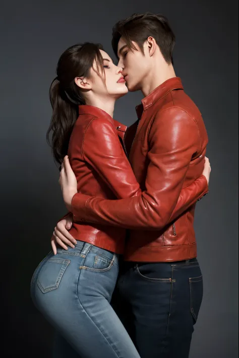 (masterpiece quality), 1girl and 1man Leon, kiss and hug, claireredfield2, wear jeans, side view