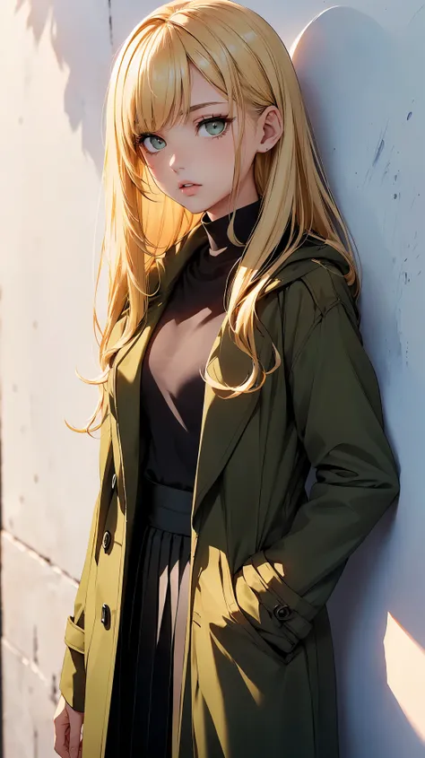 (Highest quality:1.24, Very detailed, Anime Style, Attention to detail, masterpiece:1.2, Highest quality, Best aesthetics), (((1 girl))), JK, Fashion Model, ((Olive green long coat:1.2, Black innerwear, Long skirt)), Open your mouth:1.2, (Blonde, Straight ...