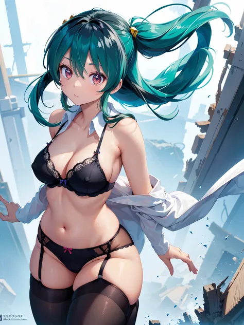 (1 Girl),(high quality), (High resolution), (Very detailed), (8k),(Demolition paperback correct)、Urusei Yatsura、Ram-chan、((Sexy Lingerie))、Wearing a blazer、((Focus on the whole body))、Nipple Shape、((Black knee-high stockings))、Hair messed up by the strong ...