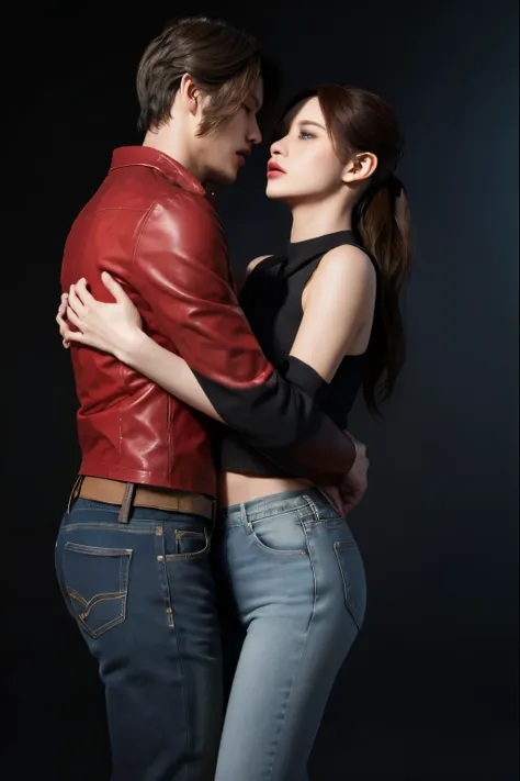 (masterpiece quality), 1girl and 1man Leon, kiss and hug, claireredfield2, wear jeans, side view