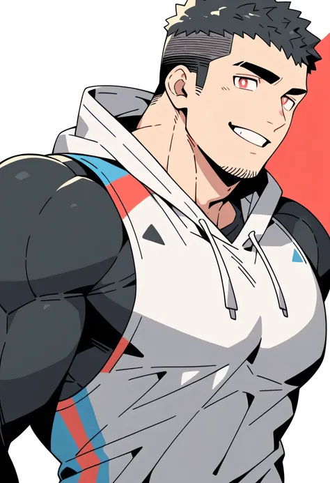 anime characters：Priapus, Black Black Skin Muscle Sports Student, Buzz Cut，Manliness, male focus, Sports tight hooded sweatshirt, Under Armour Brand, Wear a high-necked tights underneath, Very tight, Huge pectoral muscles, muscular male, muscular, Perfect ...