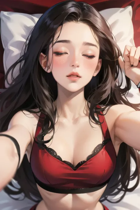 Sexy woman, blushing hard, red makeup, hands pinned to the side, lying on bed, head on pillow, facing up, pinned, playful turned sexy, mouth parted, eyes looking at lips, very sexy and hot,  figure, loose t shirt, midriff, abs 