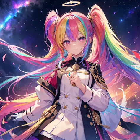 ((((Archangel、Angel Halo、Big Wings、Rainbow light))))　(((Fantasy　Rainbow Hair、Blowing in the Wind　Dye the inside of your hair rainbow colors　Twin tails　Dull red eyes　There is a galaxy　uniform、Put on a coat without putting your arms through it　Lonely　Smiling...