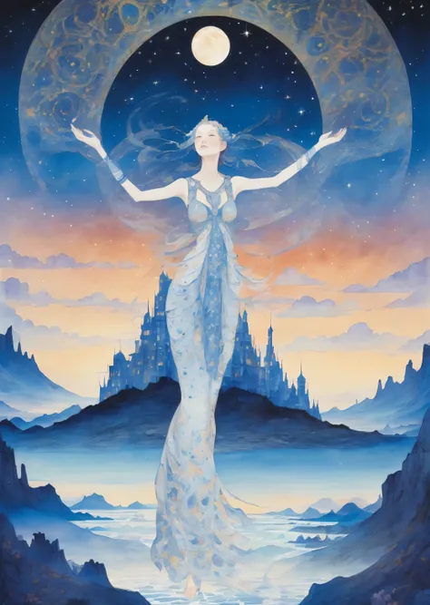 A woman with a gigantic body、 Beautiful appearance、 Surrealism、 night、 milky way 、dream-like, Folklore,   magic, orientalism, Romanticism
(An illustration：Kay Nielsen、Ryan McGinley、Pipilotti Cross)、Soft colorasterpiece、Highest quality、