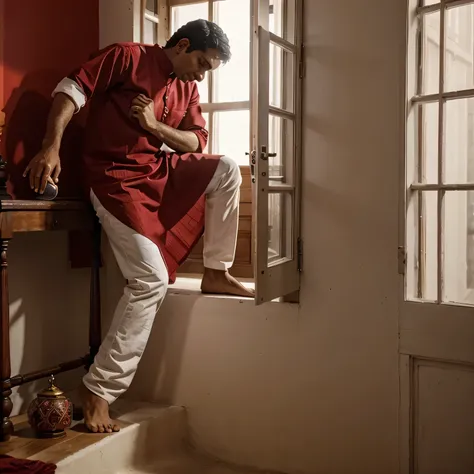  HANDSOM INDIAN MAN WEARING DARKRED KURTA IN WHITE ROOM