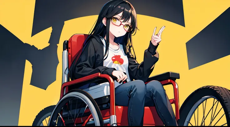 1girl, long black hair, yellow eyes , flat chest, red glasses, jeans, wheelchair