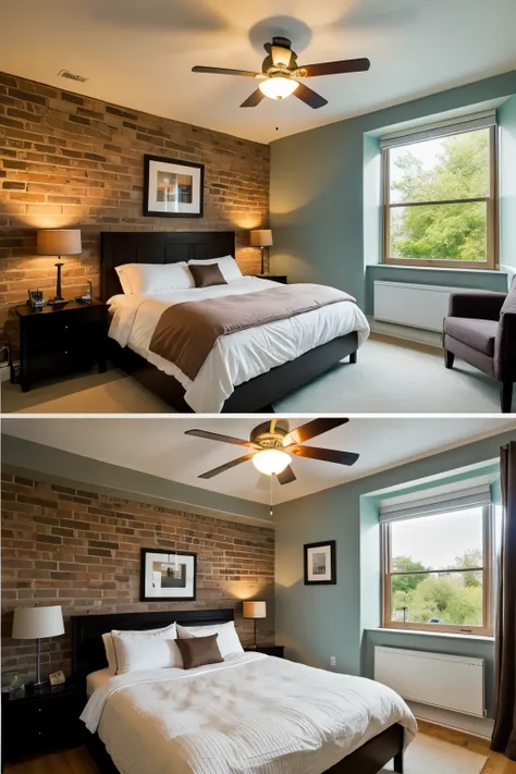 Create a picture of a small bedroom in a modern style. 
The wall is made of 19th century brick. The room has a double bed, a table with a bedside lamp, a wardrobe, a large window, a TV on the wall, decorations, a painting, a plant on the windowsill. Use a ...