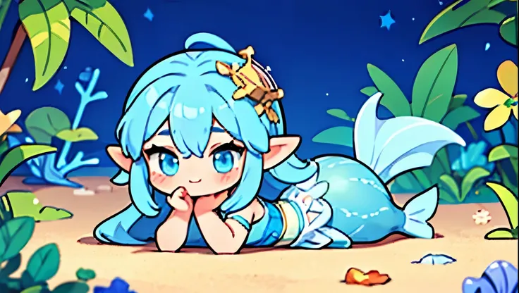 Masterpiece,Highest quality,1 girl,Dolia, Rov character,Goddess of the Mermaid Tribe,long hair,light blue hair,There are seashells on the head.,bright blue eyes,cute personality,bright smile,Wear a light blue dress.,Good skin,There are shells to decorate t...