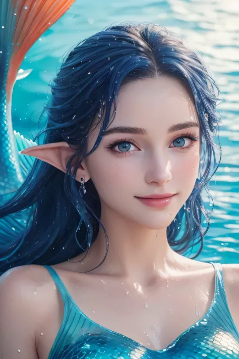 ((Highest quality, 8k, masterpiece: 1.3)), Slim abdomen, Dark blue hair, Hair behind the ear, Long Hair, Big Hair, Wet Hair, Star hair ornament, Upturned eyes, Pointed Ears, A light smile, ((Mermaid)), Sit on a coral reef, Beautiful Face, Highest quality, ...