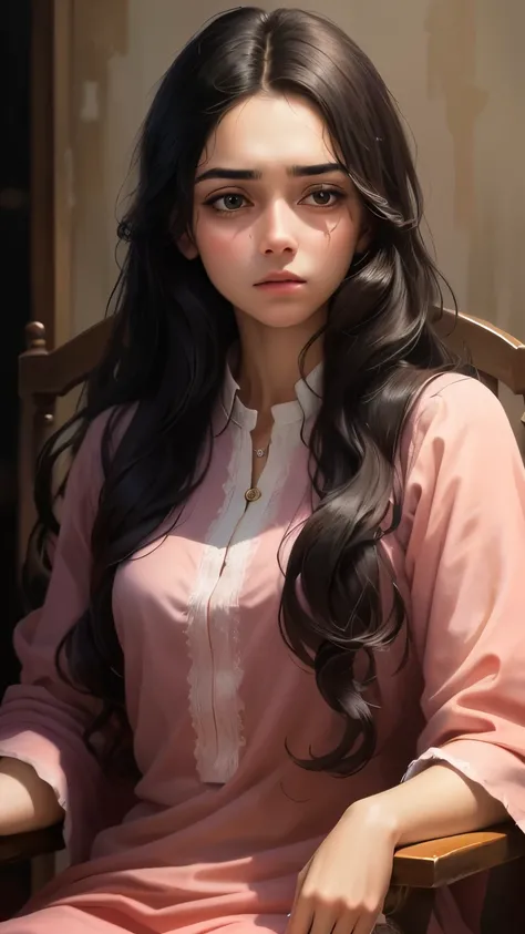 ((best quality)), ((masterpiece)), (detailed), A digital illustration of a long black haired young women sitting on chair in pink kurti with a confused and worried expression, surrounded by question marks