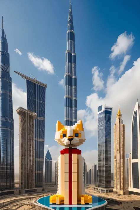 Build a cat out of Lego blocks next to the Burj Khalifa, Made of Lego bricks, Very huge cat, 