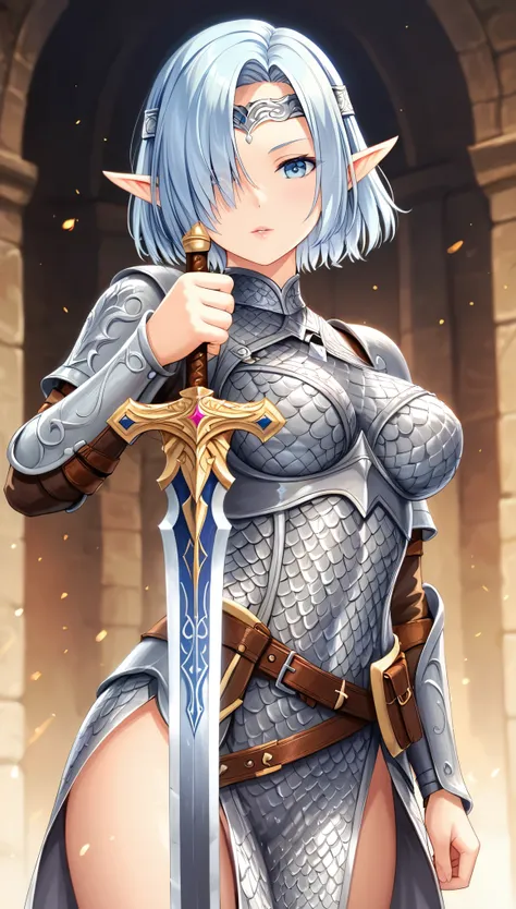 ((best quality)), ((masterpiece)), (detailed), 1girl, sexy, elf, light blue hair, short hair, shiny hair, hair over one eye, for...