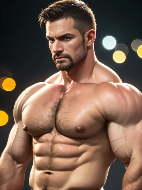 a macho man with crew cut, huge muscular body, 46 years old, close-up bust, transparent skin, hairy body, armpits, tanned skin, (best quality,4k,8k,highres,masterpiece:1.2),(realistic,photorealistic,photo-realistic:1.37),ultra-detailed,HDR,UHD,studio light...