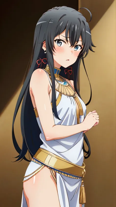 (masterpiece, best quality, highres, 8k:1.2), (anime), yukino, long hair, ahoge, Small medium breast, hair ribbon, (strong, Egyptian costume, earrings, glare, blush), Cowboy shot, looking at viewer,