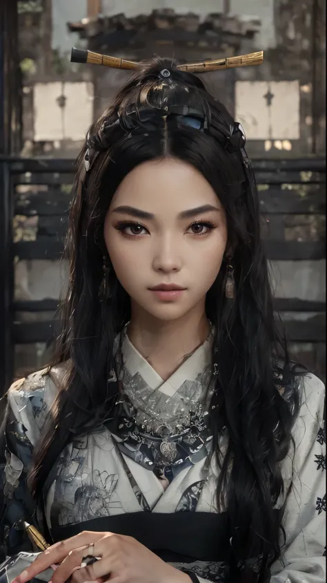 ((best quality)), ((masterpiece)), (very detailed:1.3), 3d, beautiful, Samurai woman with long black hair, black clothes looking at camera, 8k, realistic, ultra masterpiece