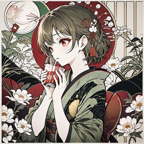 highest quality, tabletop】 [girl, kimono, red eyes, profile, wavy short hair, brown hair, upper body] (moon, greenish foliage), ...