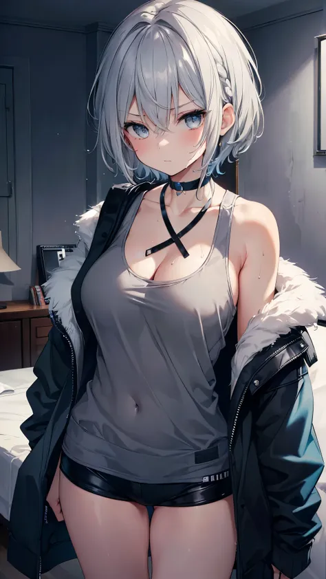 High resolution,high resolution,Girl,(Braiding,Gray Hair,Short Hair,Blue accent color),Grey Eyes,Slanted Eyes,Bad mood,boyish,slender,Jacket,fur,Tank top,On the bed,Dark Room,,choker,Large Breasts,Wet with sweat,