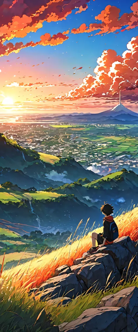 anime landscape of a boy on a hill of rocks with grasses, sunset with orange and red infernal clouds, anime nature wallpapers, b...