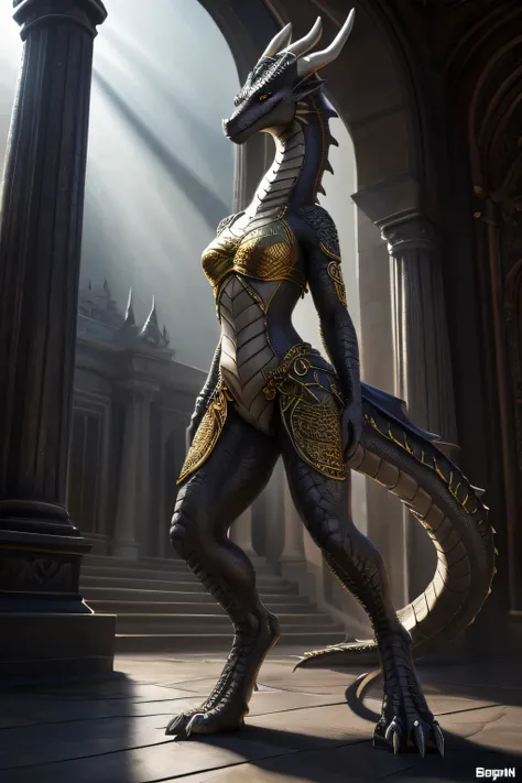 a seductive anthro female dragon with long neck, long horns, gold-colored eyes, stone scales, digitigrade legs, natural lighting, solo, grey scales, geppei5959 style, Foxovh style, intricate details, hyper realistic, cinematic lighting, dramatic pose, phot...