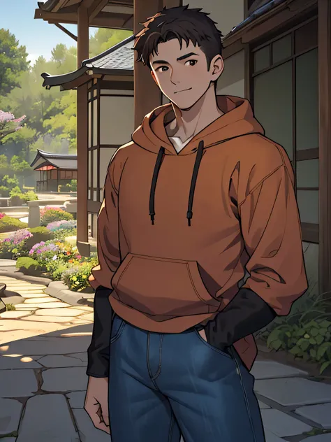 ((masterpiece)), ((best quality)), (ultra-detailed), (((((Garden of Japan house, Not in the shade, Landscape, cowboy shot))))), (8k, ultra-detailed, 1boy, solo, 16 year old boy, worm eyes, Natural smile), Young boy, ((((Height: 168cm, 6.5 heads, baby face,...