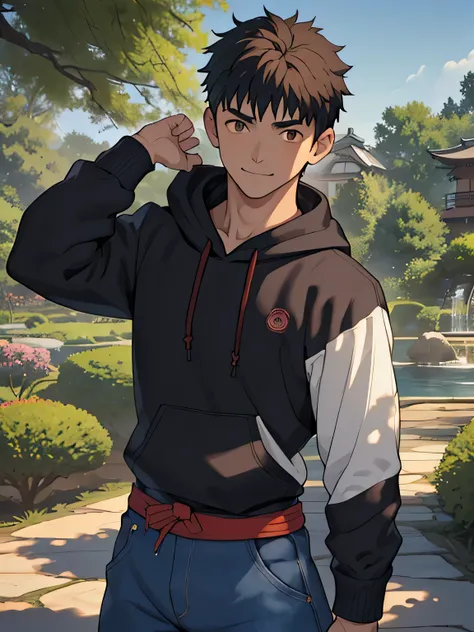 ((masterpiece)), ((best quality)), (ultra-detailed), (((((Garden of Japan house, Not in the shade, Landscape, cowboy shot))))), (8k, ultra-detailed, 1boy, solo, 16 year old boy, worm eyes, Natural smile), Young boy, ((((Height: 168cm, 6.5 heads, baby face,...
