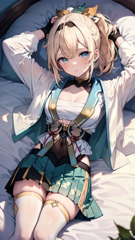 (best quality:1.2), (ultra detailed:1.2),(masterpiece:1.2),(8k:1.2),(1girl, kazama iroha, blonde hair, fingerless gloves, japanese clothes, white thighhighs, haori, black gloves, bangs, pleated skirt, ponytail, chest sarashi, Blue eyes, black hairband, hai...