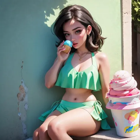 araffe1 girl in a bikini eating an ice cream cone, eating ice cream, in a bikini, angela white, giorgia meloni, katy perry, in b...