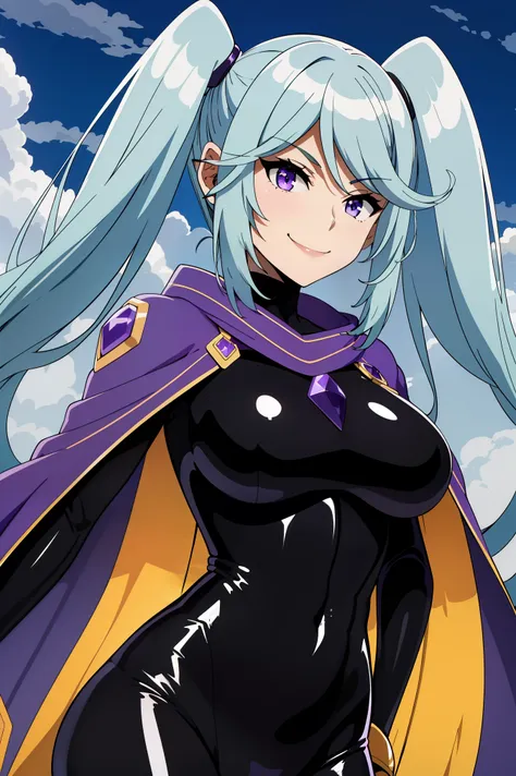 masterpiece, best quality, natural color, 1girl, bangs, blue hair, (shiny black bodysuit:1.5), gold trim, breasts, purple cape, purple eyes, purple gemstones, smile, solo, very long hair, twintails, skintight, toned,
night, outdoors, ((((((dark)))))), clou...